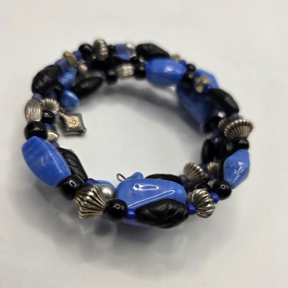Blue Black‎ Silver Beaded Memory Wire Wrap Bracelet Multi Strand Boho Charm